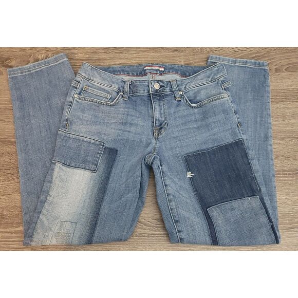 Tommy Hilfiger Women's Size 0 Boyfriend Blue‎ Denim Patchwork Jeans Pre-Owned - Picture 1 of 9